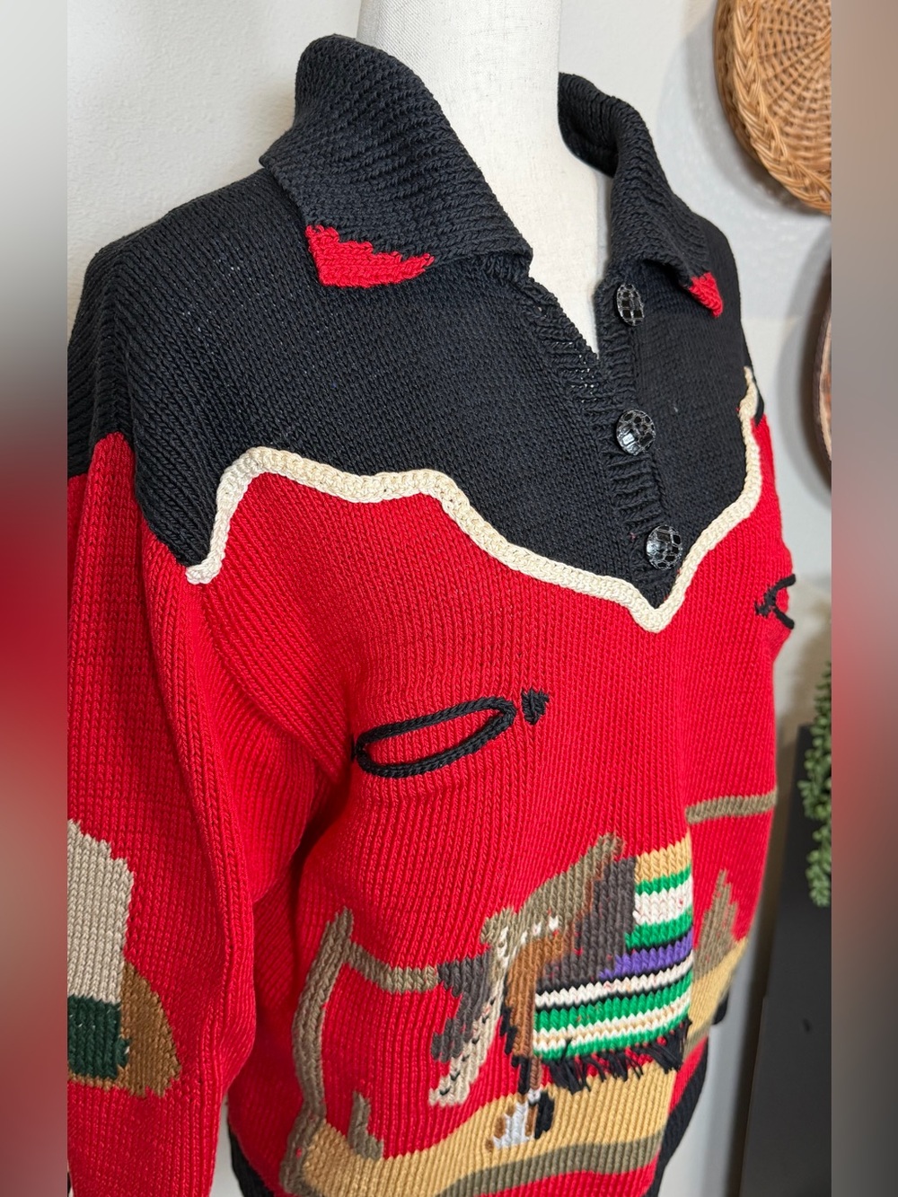 Vintage 80’s Berek Label Cowboy Rodeo Western Hand Knit Sweater Red Black Medium - Picture 3 of 15